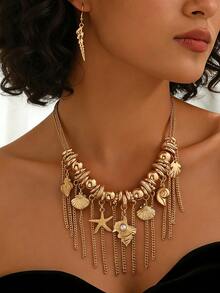 2pcs/Set Luxury Vacation Style Gold-Plated Alloy Starfish, Shell, Conch & Tassel Faux Pearl Necklace And Earrings Set, Suitable For Beach Party, Vacation, Commute, Elegant Jewelry - Yellow Gold - View 5