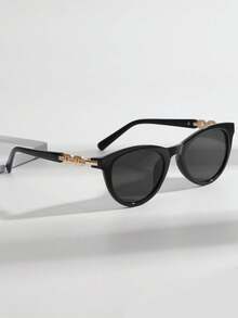1pc Women Fashion Geometric Petite Frame Metal Leg Rhinestone Decorated Eyeglasses - Black - View 7