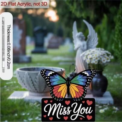 Tấm bia tưởng niệm sân vườn thiết kế phẳng 2D - Trang trí hình bướm và trái tim, thích hợp để trang trí sân vườn, sân nhà, nghĩa trang, bia mộ kiểu cổ điển làm bằng nhựa mỏng, thiết kế phẳng 2D.