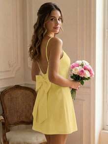 Perirose Đầm mini dáng chữ A màu vàng nhạt thanh lịch, dây mảnh, hở lưng, thích hợp cho cô dâu và mặc đi nghỉ mát. - Màu vàng - Xem 1
