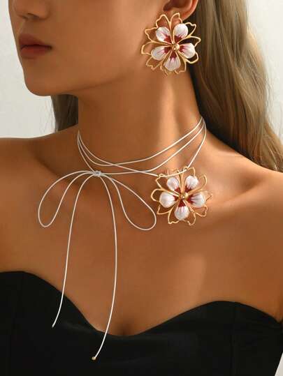 3pcs/Set Fashionable Elegant Colorful Floral Necklace & Earrings Jewelry Set, Luxury Alloy Flower Earrings And Necklace Suit, Suitable For Women's Daily, Date, Holiday And Party Wear, Can Be Gift For Friends