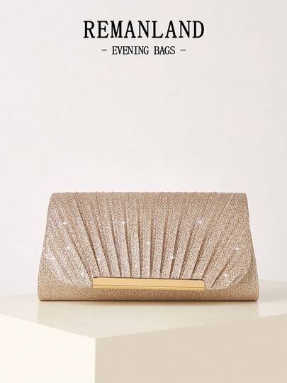 REMANLAND Mini Shiny Chain Folding Pleated Square Clutch Bag, Rhinestone Embellished Evening Bag, Perfect Match For Women's Ball Gown, Ball Accessories, Sequin Dress, Shiny Dress, Elegant Dress, Elegant Ball Bag, Perfect For Bridesmaids, Suitable For Wedding Reception, Party, Wedding, Ball, Banquet/Gala Events.