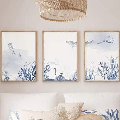 3pcs Watercolor Ocean Theme Posters, Blue & White Tone, Suitable For Bedroom & Living Room Decor, Creating Seaside Summer Ambiance, French Printed Canvas Wall Art, Fashionable Girl Art, Inspirational Quote Art, Home Decor, Wall Hanging