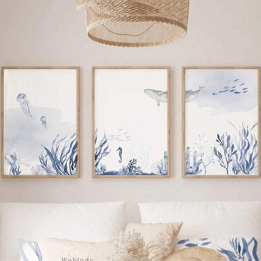 3pcs Watercolor Ocean Theme Posters, Blue & White Tone, Suitable For Bedroom & Living Room Decor, Creating Seaside Summer Ambiance, French Printed Canvas Wall Art, Fashionable Girl Art, Inspirational Quote Art, Home Decor, Wall Hanging - 3pcs - View 1