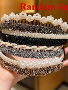 4 Pcs Faux Pearl Headbands With Rhinestones, Fashionable Design, Suitable For Daily Wear For Women - Multicolor - View 9