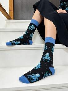 1 Pair Unisex Black Octopus Graphic Street Style Mid-Calf Socks, Suitable For All Seasons - Black - View 6