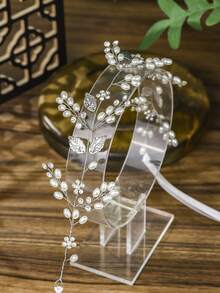 1pc Elegant Handmade Pearl & Rhinestone Bridal Headband, Silver Leaf Vine Wedding Hair Accessory, Bridesmaid Party Headpiece - Multicolor - View 9