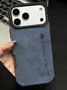 Personalized Emboss Letters 3D Name Faux Leather Plush Wristband Phone Case Compatible With IPhone 17 Pro Max 17 Pro 17 16 15 14 13 Shockproof Lens Protection Back Cover - Blue - View 3