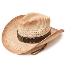 Western Style Gradient Straw Hat With Rivet Leather Belt, Beach Vacation & Outdoor Riding Sun Hat - Straw Hat - View 6