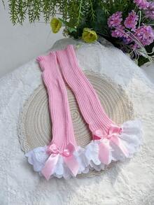 1 Pair Women's White Bow Lace Trim Flat Leg Warmers - 亮粉紅色 - 查看 3