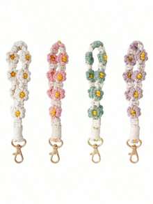 1pc Handmade Crochet Bohemian Style Daisy Wristband, Key Chain Strap, Water Bottle Handle Rope, Ideal Gift For Friends And Lovers School Car Accessories Cute Goth Y2k - Blue - View 4