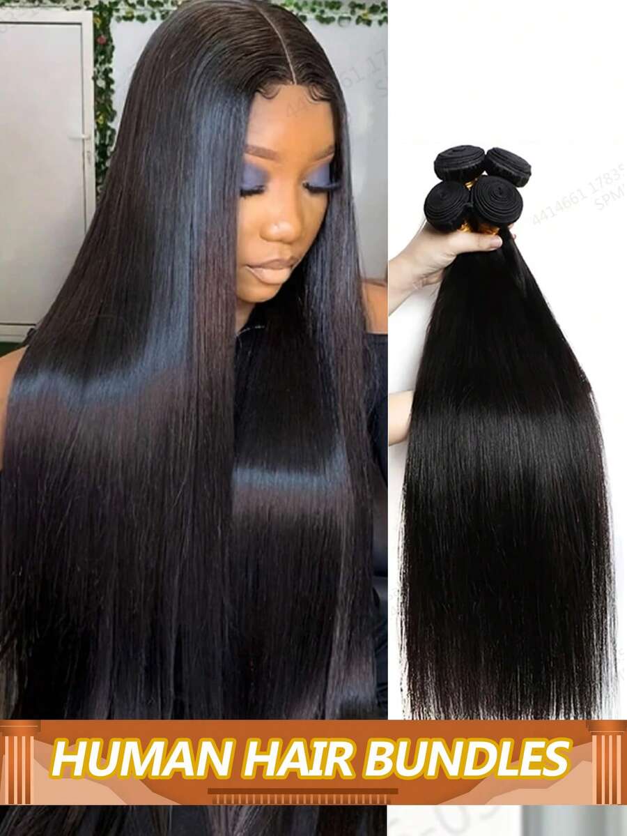 Straight Human Hair Bundles Raw Virgin Unprocessed Long Hair Extensions Bone Straight Bundles Double Weft Bulk Braiding Hair For Daily Use - Natural Black - View 1
