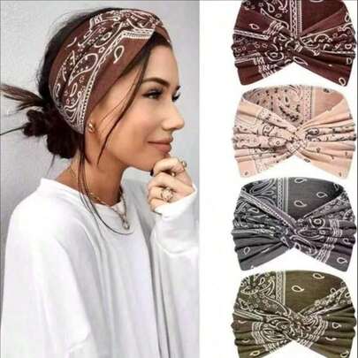 女士发带 4 条装，宽细弹力波西米亚风染色打结发带，复古风格，适合运动、瑜伽、化妆、水疗等场合，时尚配饰