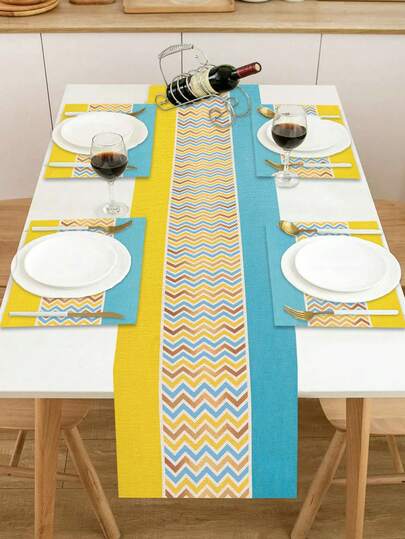 1 st bordslöpare med geometriskt mönster, 4 st bordsunderlägg med geometriskt mönster, lämpliga för högtider, fester, födelsedagar, middagar, köks- och matbordsdekoration, lämpliga för alla årstider, heminredning med textil