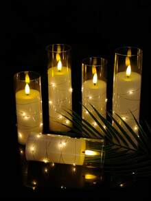 2/3/5pcs Flickering Flameless Candles, LED Pillar Candles With Built-In LED String Lights, Acrylic Material, With Remote Control, Suitable For Tabletop Decor, Christmas, Halloween, Valentine's Day, Wedding, Party, Holiday Atmosphere Decoration - Transparent - View 3