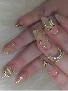 极简可爱钻石蝴蝶结3D法式美甲杏仁形24片中长人造指甲贴片套装，适合上班族、日常佩戴、约会、下午茶、外出等场合。 - 彩色 - 查看 1