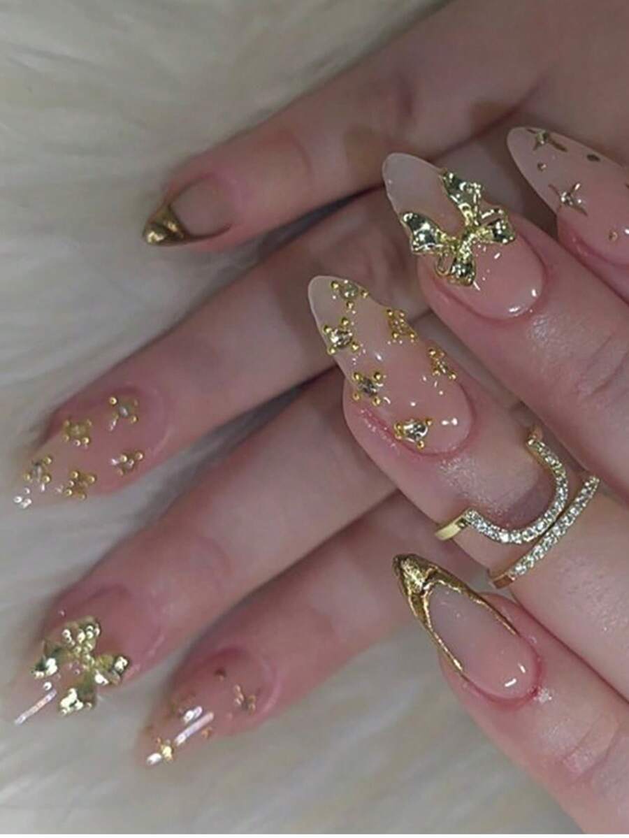 极简可爱钻石蝴蝶结3D法式美甲杏仁形24片中长人造指甲贴片套装，适合上班族、日常佩戴、约会、下午茶、外出等场合。 - 彩色 - 查看 1