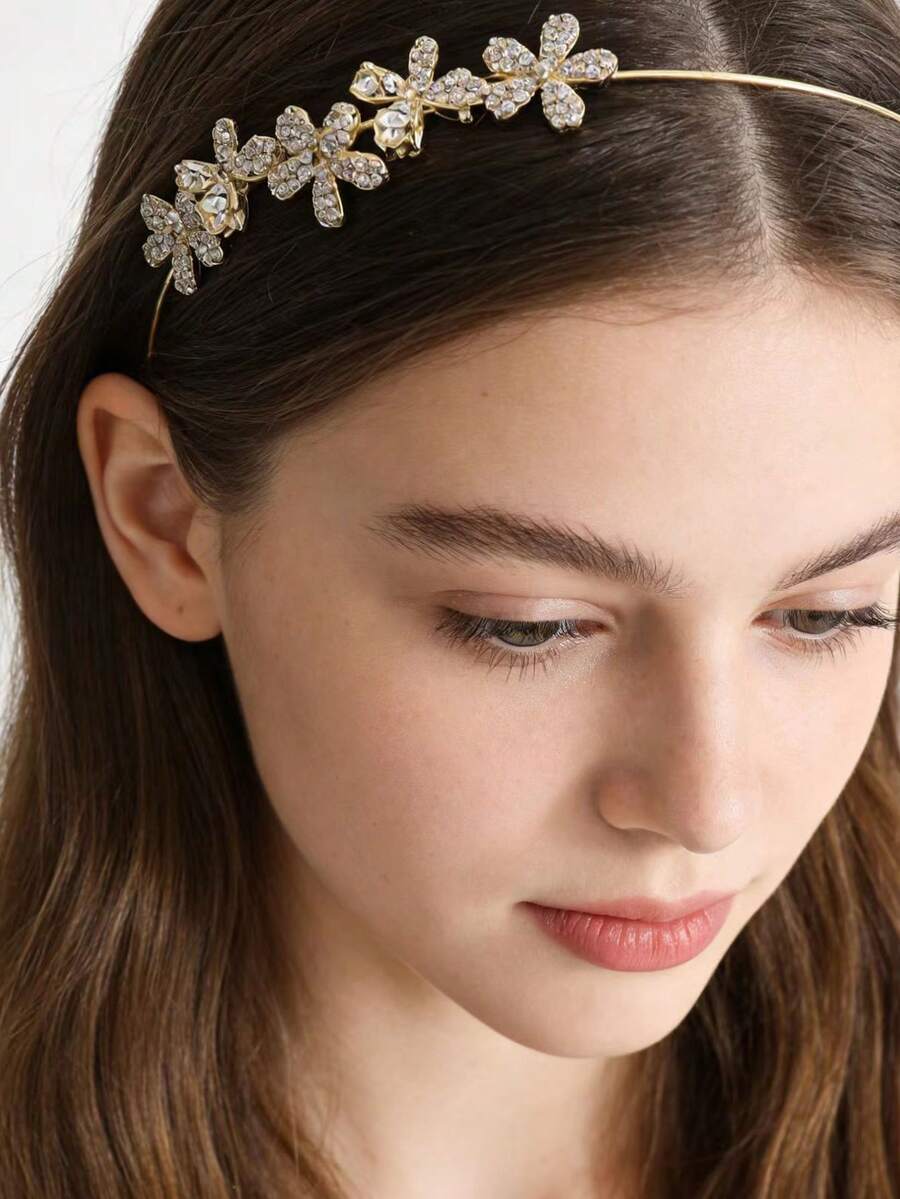 Delicate & Versatile | Light Gold Thin Frame + 3D Floral Cluster, Matching And Elegant,Summer,Hair Accessories,Holiday - Gold - View 1