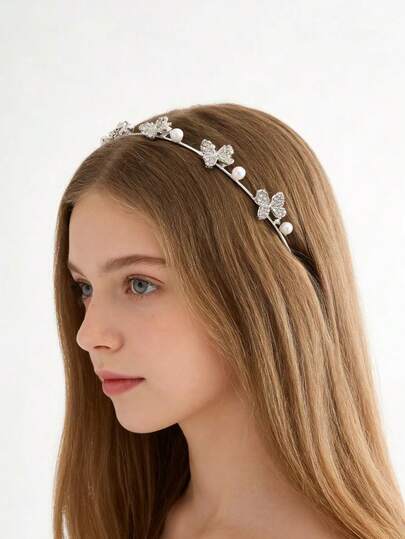 Silver Butterfly Pearl Headband, Delicate Rhinestone Headpiece, Elegant Gentle Lady Hair Accessory