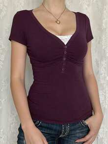 女士Y2K性感修身V领短袖休闲上衣 - 紫紅色 - 查看 4