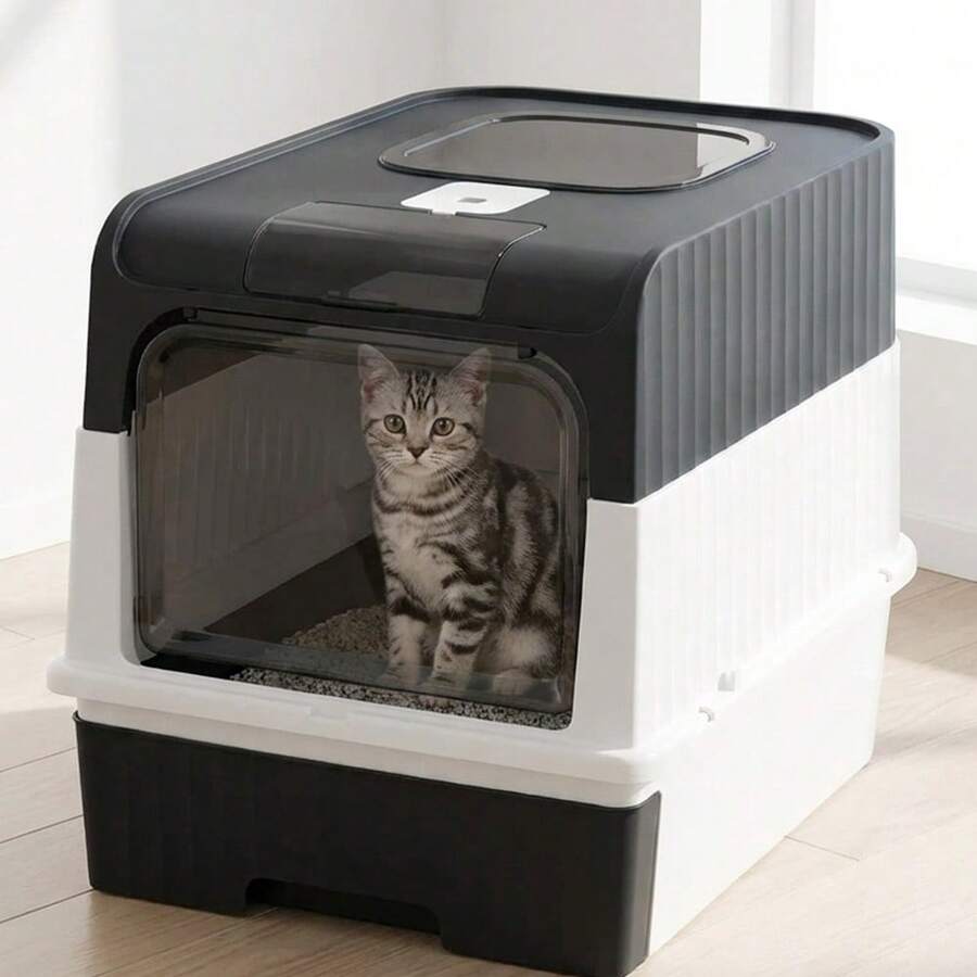 Ultra Large Top Entry Enclosed Cat Litter Box, Space-Saving Foldable Design With Pull-Out Drawer & Anti-Splash Lid, Odor Control Leak-Proof Cat Toilet, Easy Clean Portable Litter Tray With Skylight & Scoop For Indoor Cats - one-size - View 1
