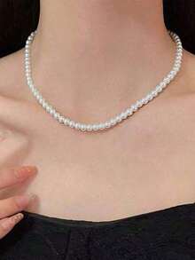 1pc Vintage French Style White & Pink Faux Pearl Necklace, Simple Choker For Women Daily Wear - White - View 4