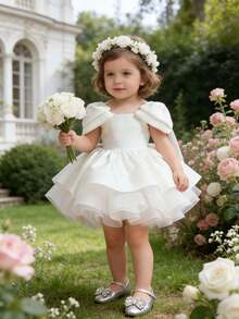 Baby GirlElegant Cute White Bow Tie Strap Tulle Princess Dress, For Birthday Party, Wedding, Easter, Vacation - White - View 3