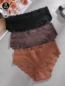 Bộ 3 chiếc quần lót nữ màu trơn, chất liệu cotton gân, phối ren, gợi cảm và thoải mái, thích hợp cho ngày Valentine, Giáng sinh, mùa thu/đông, xuân/hè và mặc hàng ngày. - Nhiều màu - Xem 4