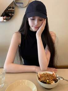 美国性感女士灰色无袖高领紧身背心，弹力修身吊带衫，适合夏季休闲黑色春季穿着 - 黑色 - 查看 4