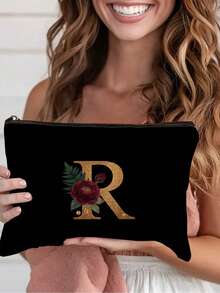 1pc A-Z Letter & Floral Print Cosmetic Bag, Modern Style Polyester Lightweight Travel Organizer - Multicolor - View 10