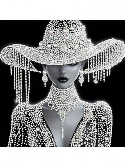 5D Diamond Painting Tool Kit: Elegant Lady With Hat Pattern, Luxury Rhinestone Cowboy Hat, Sparkling Crystal Tassel Design - Crystal Diamond Home Wall Decor, 12x12 Inches/30x30cm