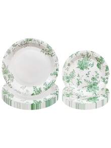 10pcs/20pcs/30pcs 7/9inch White And Green Verdure Design Paper Plates,Disposable Plates,Green Plant And Flower Patterns Dessert Plates For Wedding Party Theme Party Baby-Shower Men Women - Multicolor - View 1