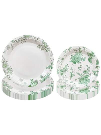 10pcs/20pcs/30pcs 7/9inch White And Green Verdure Design Paper Plates,Disposable Plates,Green Plant And Flower Patterns Dessert Plates For Wedding Party Theme Party Baby-Shower Men Women