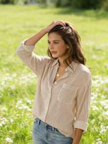 Women's Oversized Striped Long-Sleeve Comfortable Shirt - 卡其色 - 查看 3