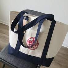 Trader Joe Large Tote Shopping Bag Cotton Canvas Embroidered Bag - 深藍色 - 查看 2