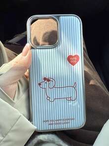 Silver Frame Light Blue Striped Dachshund Dog Phone Case Compatible With IPhone 17/17Pro/17 Pro Max/16/16 Pro/16 Pro Max/15/15 Pro/15 Pro Max/14/14 Pro/14 Pro Max/13/13 Pro/13 Pro Max/12/12 Pro/12 Pro Max/11/11Pro/11 Pro Max, Cute Korean Anti-Drop Protective Cover - Multicolor - View 2