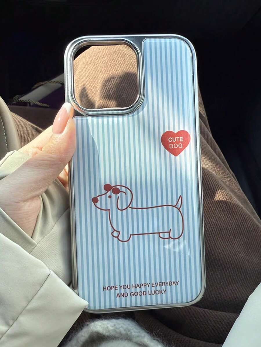 Silver Frame Light Blue Striped Dachshund Dog Phone Case Compatible With IPhone 17/17Pro/17 Pro Max/16/16 Pro/16 Pro Max/15/15 Pro/15 Pro Max/14/14 Pro/14 Pro Max/13/13 Pro/13 Pro Max/12/12 Pro/12 Pro Max/11/11Pro/11 Pro Max, Cute Korean Anti-Drop Protective Cover