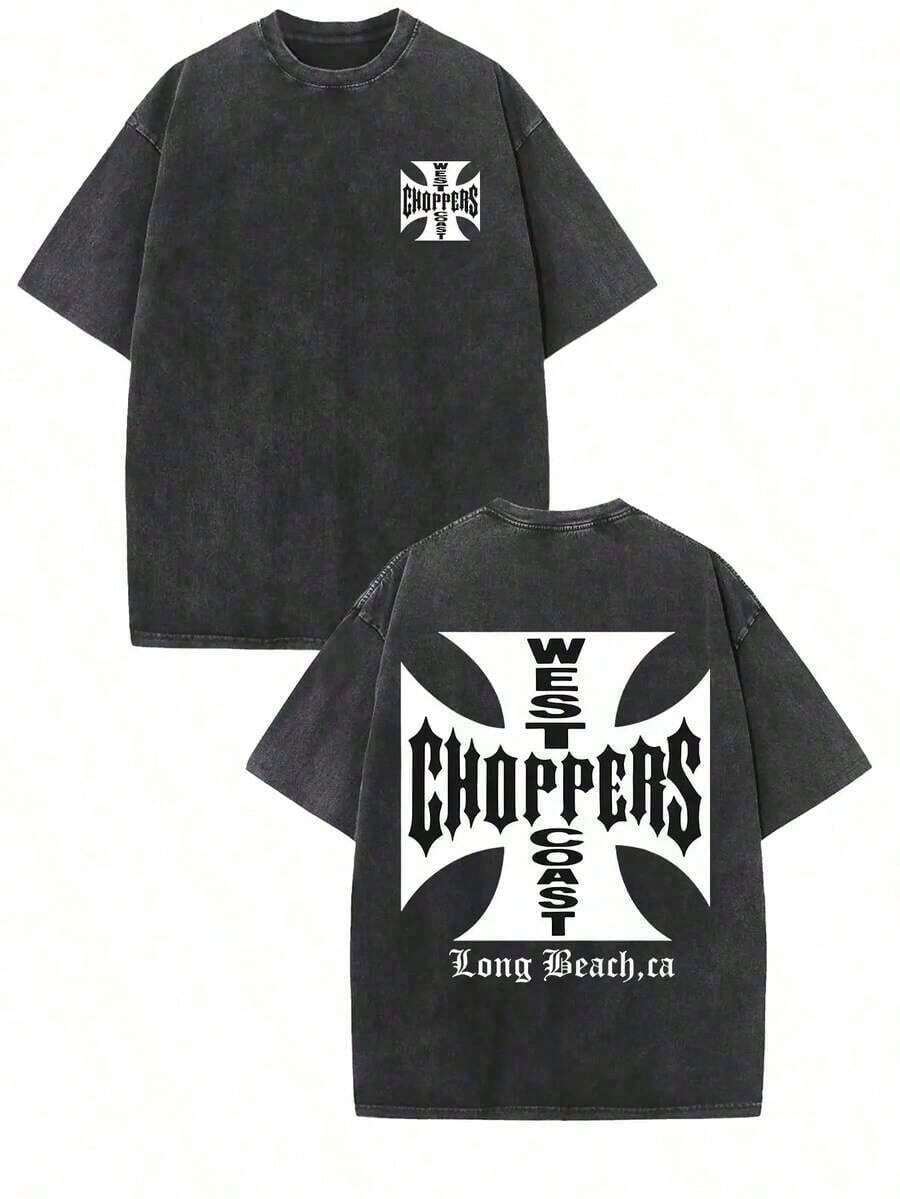 WEST COAST CHOPPERS Men's Retro Streetwear T-Shirt - 230g Washed Cotton, Double-Sided Print, Loose-Fitting Drop-Shoulder Short-Sleeved T-Shirt With A California Long Beach Graphic.Perfect For Casual Summer Wear And As A Gift.High-Quality Fabric, Versatile Printed T-Shirt. - 黑色 - 查看 1
