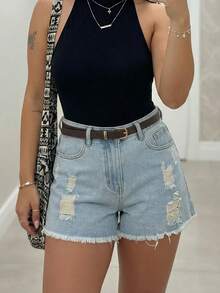 Shorts vaqueros de mujer con efecto desgastado de moda, lavado claro con detalles rasgados, bolsillos y bajo con flecos, estilo recto casual y sexy para el verano - Lavado ligero - Ver 9