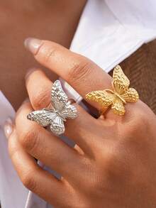 Frminee 2pcs/1pc Summer Butterfly 18k Gold Plated Stainless Steel Ring, Cute Insect Animal, Waterproof, Time For Daily Wear, Holiday Gift - Multicolor - View 5