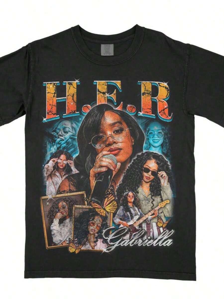 Unisex One-Piece Printed T-Shirt, Vintage H.E.R  Retro R&B Star Tee, Music Icon Collage T-Shirt, Gift For H.E.R Fans, R&B Merch, Classic Soul Artist Graphic Tee. - Multicolor - View 1