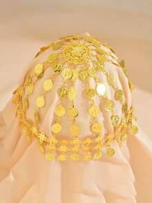 1pc Bride Alloy Coin & Goddess Portrait Hair Accessory, Exaggerated Tassel Headpiece Headband,Elegant,Party - Gold - View 2