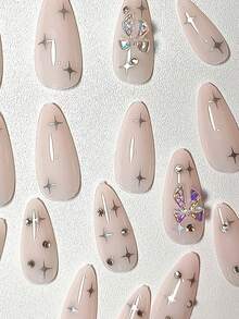 Y2K Cute Gradient Skin Tone 3D Bow French 24pcs Medium-Long Almond Shaped Nail Tips, Press-On Nail Stickers, Acrylic Nails Suitable For Office Ladies, Daily Wear, Dates, Afternoon Tea, Outings - Brown - View 3