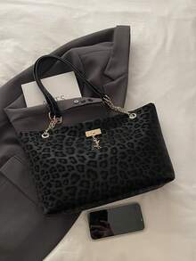 大容量女士手提包，2026 时尚链条单肩包，复古通勤托特包，哑光饰面 - 黑色 - 查看 3