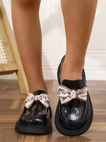 女童蝴蝶结平底牛津鞋，儿童乐福鞋和公主鞋，黑色皮鞋 - 白色 - 查看 4