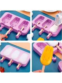 1pc Cute Cartoon Silicone Ice Cube/Ice Cream Mold, Homemade Ice Pop/Ice Lolly/Ice Cream Maker With 50pcs Ice Pop Sticks - Multicolor - View 3