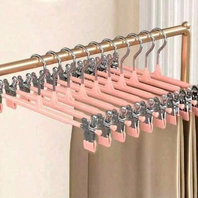 1pc/10pcs Of Anti-Slip Pants Hangers With Clips, Made Of Sturdy, Multifunctional Stainless Steel, Suitable For Home Use, Leaving No Marks And Resistant To Deformation. The Spring Design Makes It Suitable For Drying And Storing Various Clothes, Including Pants, Skirts, Summer Tops, Socks, And Hats. Available In Multiple Colors Such As Pink, Black, White, And Green.