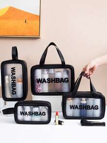 1pc PVC Transparent Large Capacity Cosmetic Bag, PU Waterproof Portable Toiletry Bag, Women's Handheld Travel Organizer, Pink - Pink - View 7