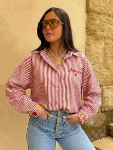 Women's Striped Letter Embroidered Button-Front Shirt Spring - Red - View 2