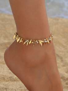 1pc Fashionable Bohemian Style Golden Leaf Rhinestone Tassel Handmade Chain Anklet, Suitable For Daily Wear, Vacation, Party, Date, Music Festival - Multicolor - View 1